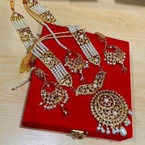 Beautiful pearls rani haar mala long necklace earrings teeka tikka headpiece